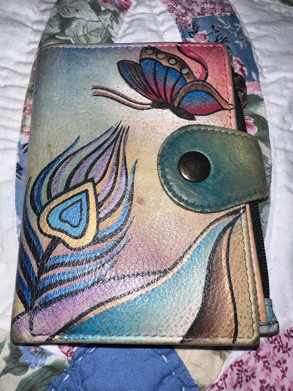 Anuschka Vintage Hand Painted Genuine Leather Trifold Wallet Boho Peacock Art - Picture 2 of 9